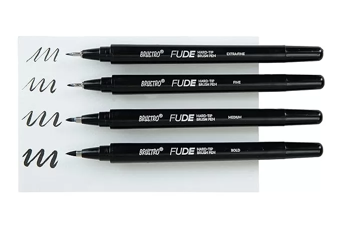 BRUSTRO FUDE HARD-TIP BLACK INK CALLIGRAPHY BRUSH PEN SET OF 4. (EXTRA  FINE  FINE  MEDIUM  BOLD)