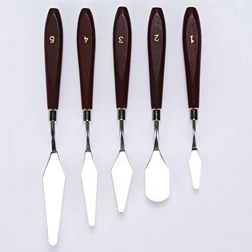 5PCS PALETTE KNIFE PAINTING STAINLESS STEEL SCRAPER SPATULA WOOD HANDLE ART SUPPLIES FOR ARTIST CANVAS OIL PAINT COLOR MIXING