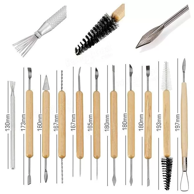 11 PCS CERAMIC WOODEN HANDLE PROFESSIONAL TOOLS KIT FOR CLAY POTTERY, SCULPTING, SCRAPING, CUTTING, FINE DETAILING, SMOOTHENING, SHAPING AND TRIMMING