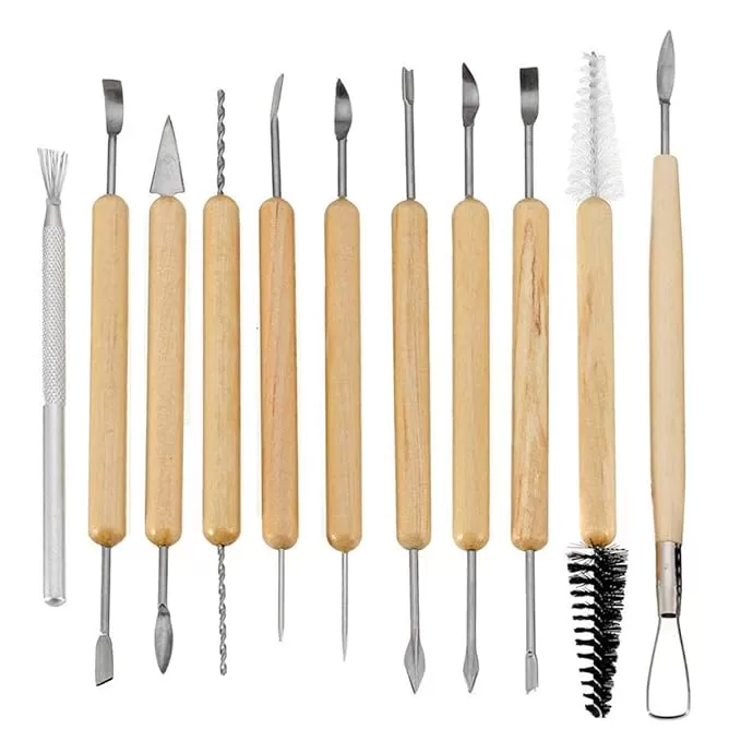 11 PCS CERAMIC WOODEN HANDLE PROFESSIONAL TOOLS KIT FOR CLAY POTTERY, SCULPTING, SCRAPING, CUTTING, FINE DETAILING, SMOOTHENING, SHAPING AND TRIMMING