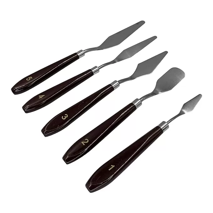 5PCS PALETTE KNIFE PAINTING STAINLESS STEEL SCRAPER SPATULA WOOD HANDLE ART SUPPLIES FOR ARTIST CANVAS OIL PAINT COLOR MIXING