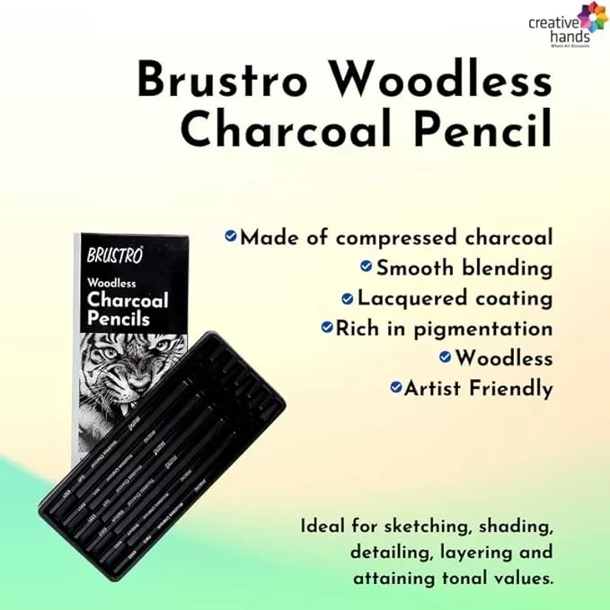 BRUSTRO WOODLESS CHARCOAL PENCIL SET OF 6 (3 SOFT, 2 MEDIUM, 1 HARD)