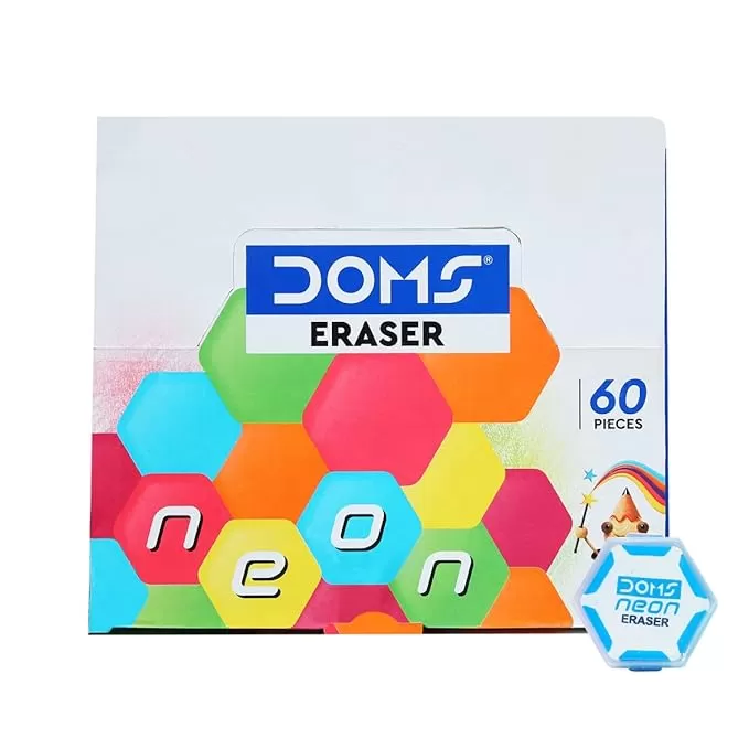 DOMS NEON ERASER   HEXAGONAL EYE CATCHING DESIGN  NEAT & DUST FREE ERASING  PLAYFUL BODY COLORS PLASTIC CASE FOR EACH ERASER 