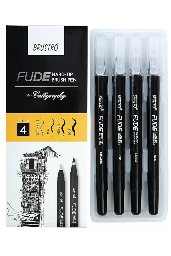 BRUSTRO FUDE HARD-TIP BLACK INK CALLIGRAPHY BRUSH PEN SET OF 4. (EXTRA  FINE  FINE  MEDIUM  BOLD)