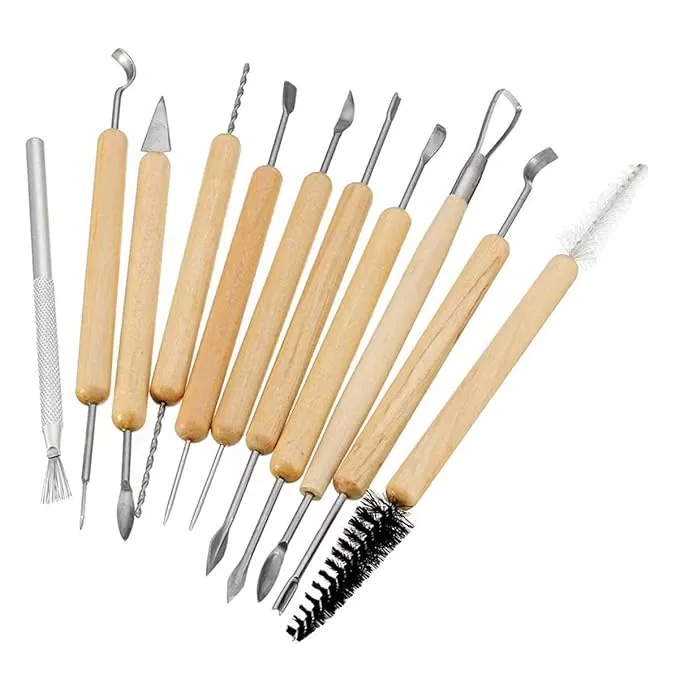 11 PCS CERAMIC WOODEN HANDLE PROFESSIONAL TOOLS KIT FOR CLAY POTTERY, SCULPTING, SCRAPING, CUTTING, FINE DETAILING, SMOOTHENING, SHAPING AND TRIMMING