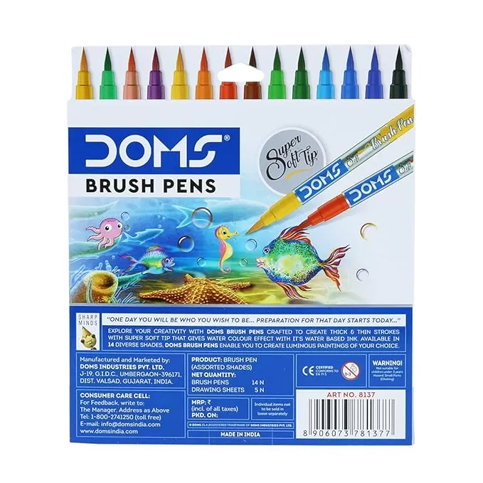 DOMS 14 SHADES BRUSH PEN BOX PACK  SUPER SOFT TIP WITH BRILLIANT COLORS  WATER BASED INK WHICH GIVES WATER COLOR EFFECT    PACK OF 1, MULTICOLOR