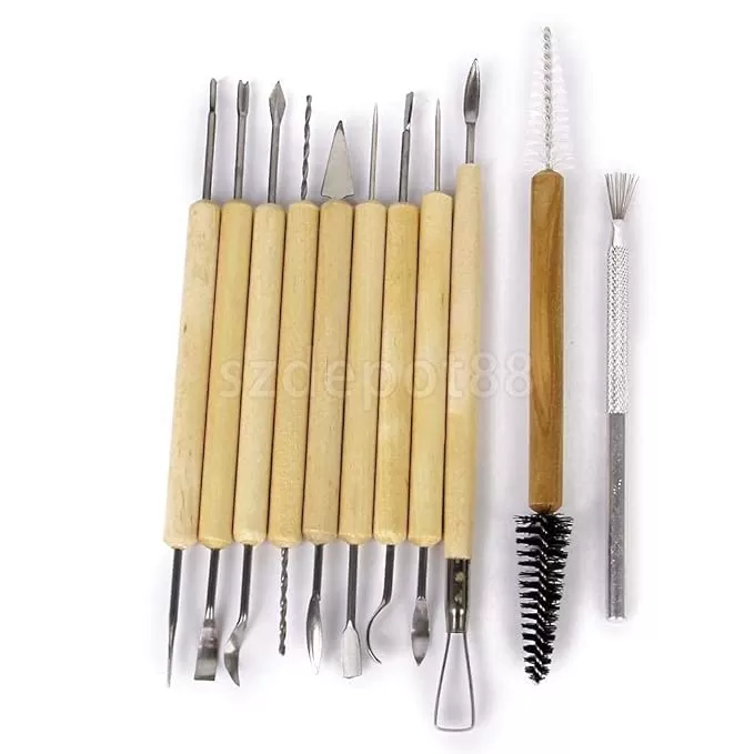 11 PCS CERAMIC WOODEN HANDLE PROFESSIONAL TOOLS KIT FOR CLAY POTTERY, SCULPTING, SCRAPING, CUTTING, FINE DETAILING, SMOOTHENING, SHAPING AND TRIMMING